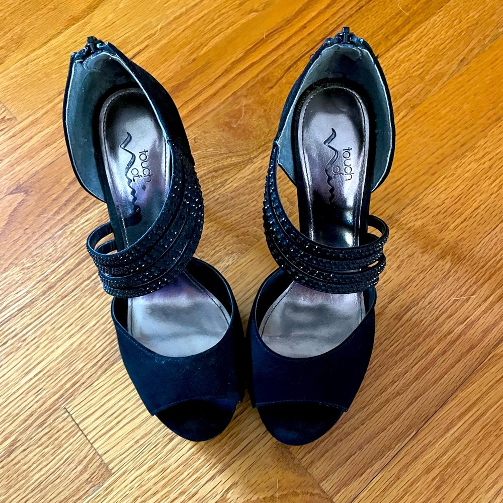 Black strappy, toeless heels